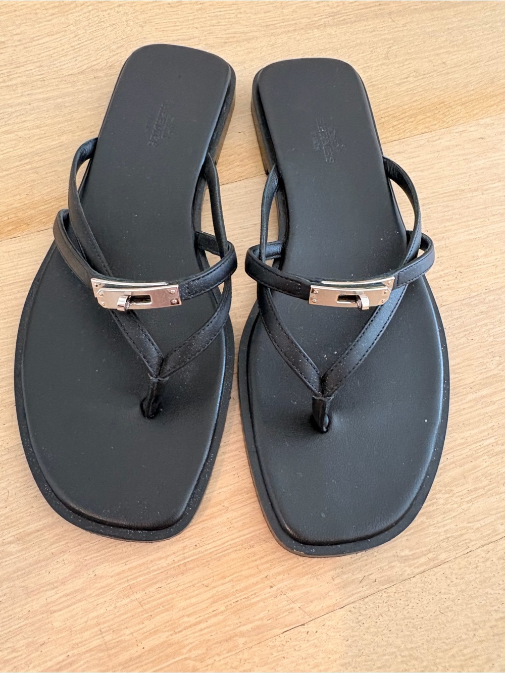 Hermes Black Leather Thong Sandals with Silver Buckle